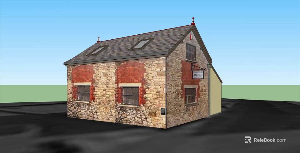 Charming Detached House With Stone Exterior Red Brick Accents Grey Roof And Skylights 3d model 