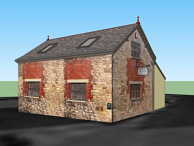 Charming Detached House With Stone Exterior Red Brick Accents Grey Roof And Skylights 3d model