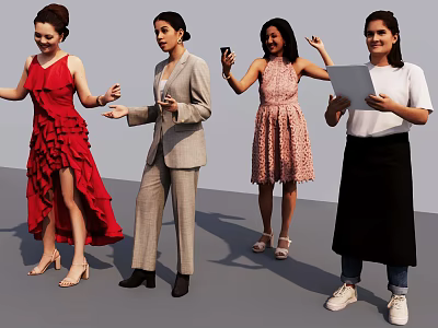 Women Standing in Stylish Red Dress Suit Pink Dress and White Top with Black Apron 3d model