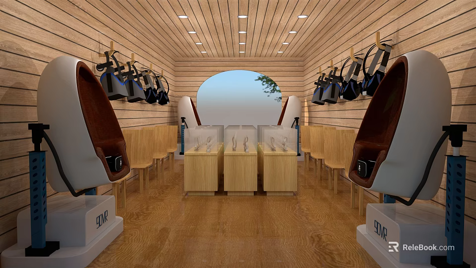Wooden Interior Display Space With Hanging Black Bags And Glass Top Cases 3d model 