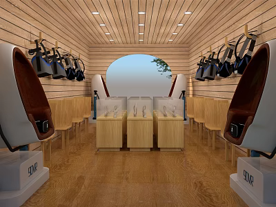 Wooden Interior Display Space With Hanging Black Bags And Glass Top Cases 3d model