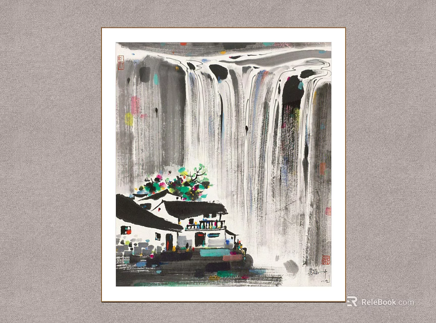 Traditional Chinese Ink Painting Of Waterfall With Small House And Greenery 3d model 