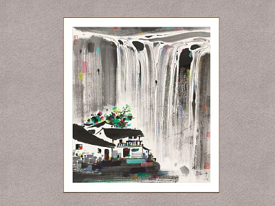 Traditional Chinese Ink Painting Of Waterfall With Small House And Greenery 3d model