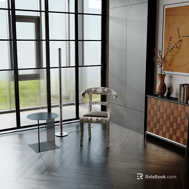 Inflatable Chair And Table In Modern Interior With Window And Wooden Cabinet 3d model 