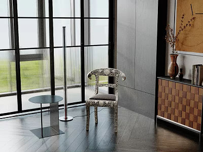 Inflatable Chair And Table In Modern Interior With Window And Wooden Cabinet 3d model