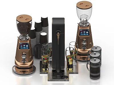 Copper Coffee Grinders And Kitchen Appliances With Digital Screens Cups And Glasses 3d model