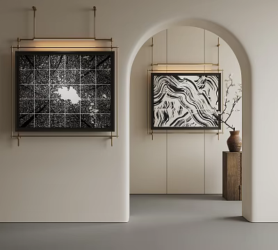 Indoor Decorative Area Featuring Two Black White Pattern Paintings Archway Wooden Stand And Vase 3d model