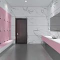 SPA Sauna Interior With Pink And White Marble Walls Lockers Mirror And Washbasin