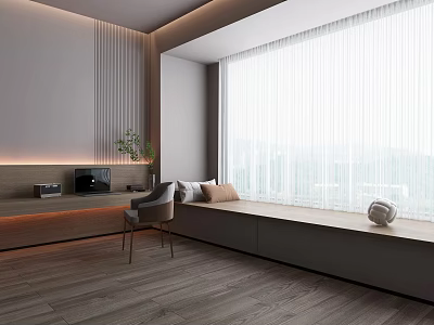 Modern Bay Window Interior Design With Sheer Curtains Window Seat And Wooden Floor 3d model