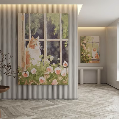Abstract Painting Featuring Cat Window Green Plants Pink White Flowers in Modern Striped Wall Room 3d model