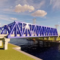 Blue Steel Structure Bridge Over Water With Boat Roads Green Fields And Mountains