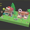 Cute Mini Commercial Buildings With Pink And Orange Exteriors Balloons Trees Tables And Decorations