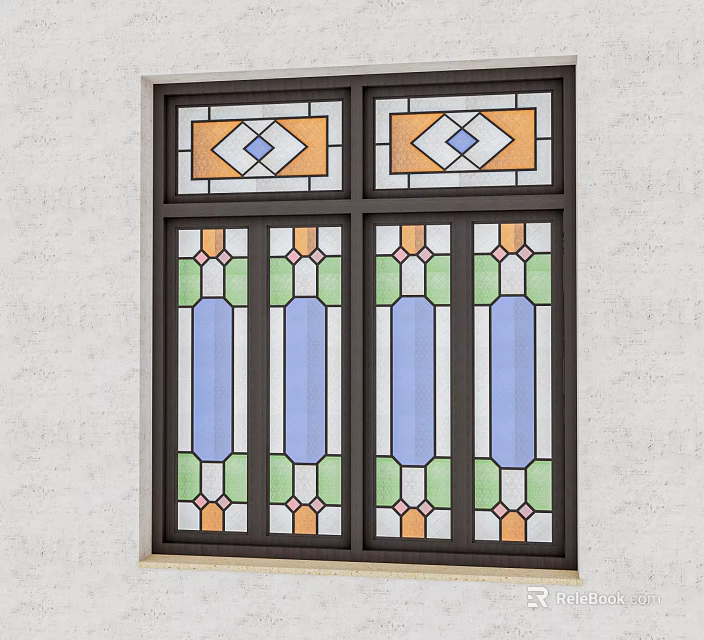 Casement Window With Stained Glass Decorative Patterns Multiple Colors Dark Frame Exterior Design 3d model 