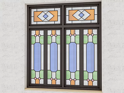 Casement Window With Stained Glass Decorative Patterns Multiple Colors Dark Frame Exterior Design 3d model