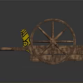 Ancient Wooden Cart With Large Spoked Wheels And Yellow Flags With Black Spiral Patterns