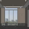 Modern Elevator Lobby With Glass Windows City View Marble Floor And Ceiling Light Strips 3d model