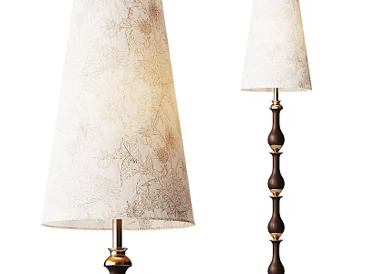 Elegant Floor Lamps With Floral Pattern And Plain Shades Dark Wooden Poles Golden Accents 3d model