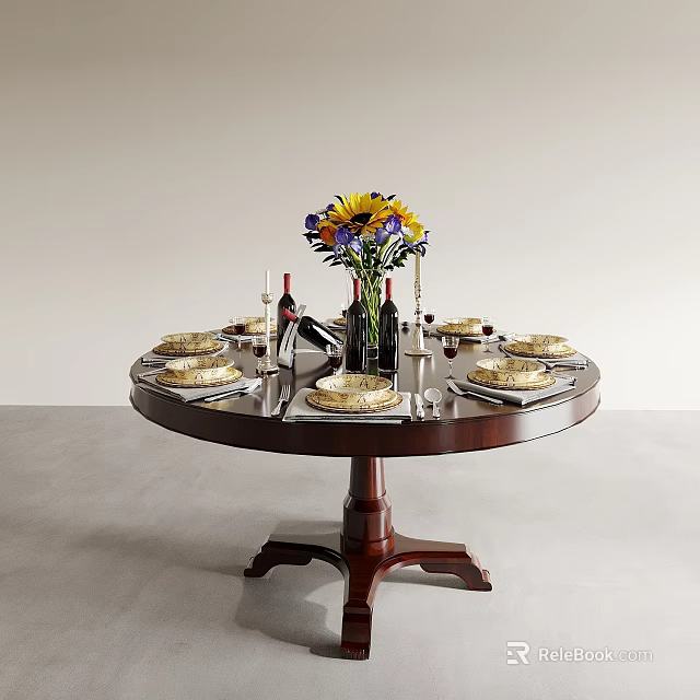 Round Dining Table Adorned With Sunflower Bouquet Wine Bottle And Tableware 3d model