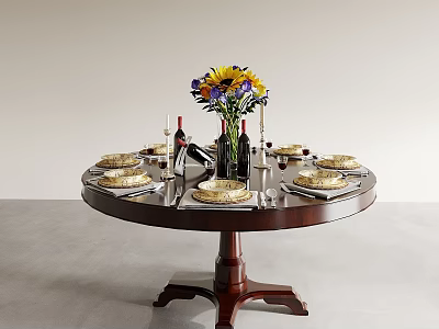 Round Dining Table Adorned With Sunflower Bouquet Wine Bottle And Tableware 3d model