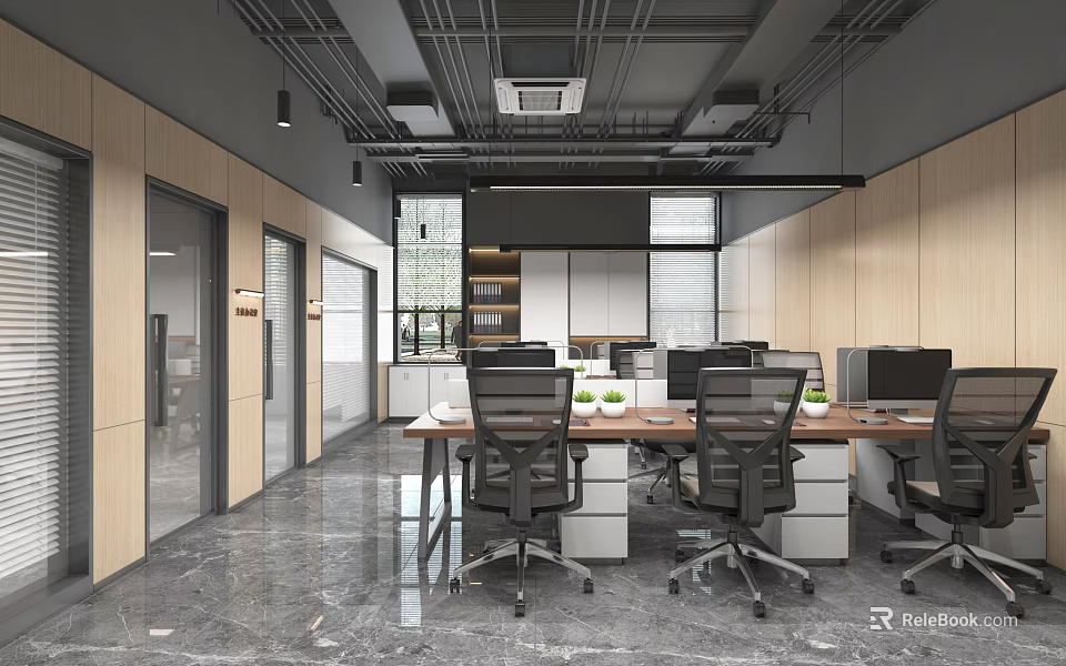 Modern Public Office Space Interior With Open Layout Desks Chairs And Computers 3d model