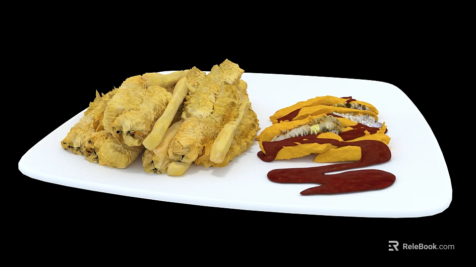 Delicious Crispy Fried Food Served With Savory Sauce On White Plate 3d model 