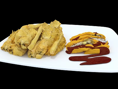Delicious Crispy Fried Food Served With Savory Sauce On White Plate 3d model