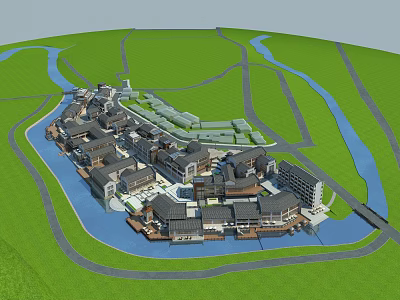 Traditional Ancient Architecture Complex With River And Green Grassland Layout Design 3d model