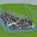 Traditional Ancient Architecture Complex With River And Green Grassland Layout Design