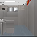 Public Restroom Interior With Multiple Stalls Blue Walls And Gray Doors