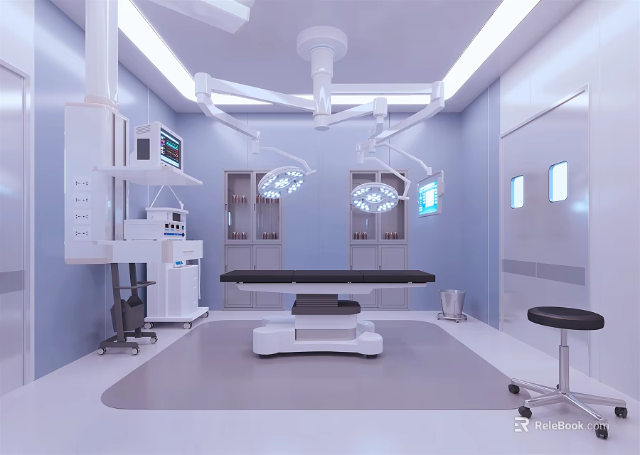 Modern Operating Room Interior With Surgical Lights Operating Table And Medical Equipment 3d model 