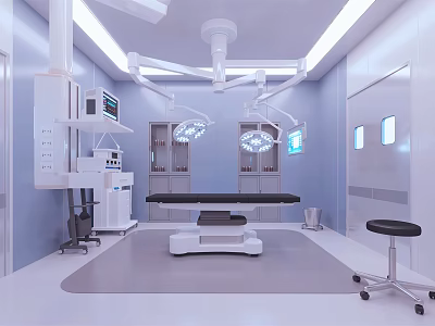 Modern Operating Room Interior With Surgical Lights Operating Table And Medical Equipment 3d model