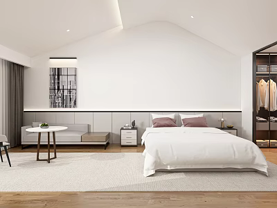 Modern Hotel Room Interior Design With Bed Sofa Wooden Nightstand Soft Carpet And Wardrobe 3d model
