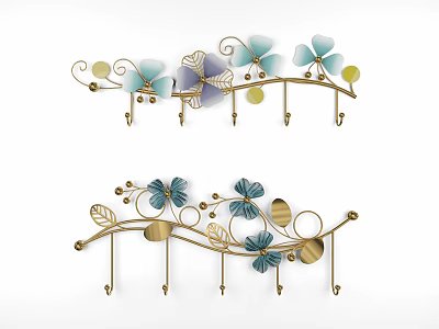 Elegant Decorative Metal Hooks With Blue Floral And Gold Leaf Accents 3d model