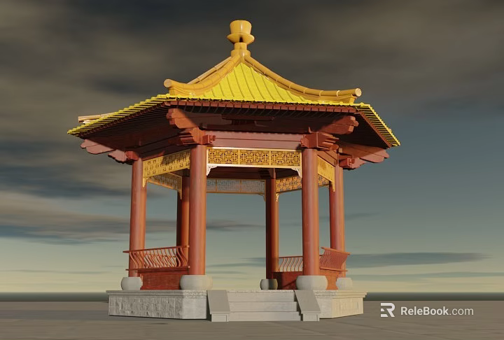 Traditional Chinese Pavilion With Yellow Roof Red Pillars And Carved Details 3d model 