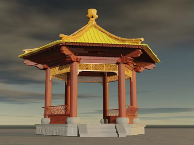 Traditional Chinese Pavilion With Yellow Roof Red Pillars And Carved Details 3d model