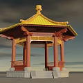 Traditional Chinese Pavilion With Yellow Roof Red Pillars And Carved Details