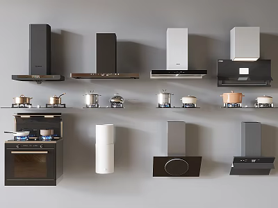 Various Designed Kitchen Range Hoods And Cookware Pots Displayed In Modern Setting 3d model
