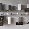Various Designed Kitchen Range Hoods And Cookware Pots Displayed In Modern Setting