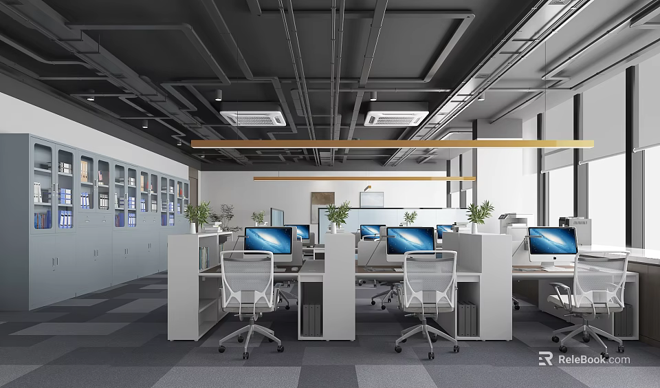 Public Office Space with Modern Workstations Computers Ergonomic Chairs Green Plants and Lockers 3d model 