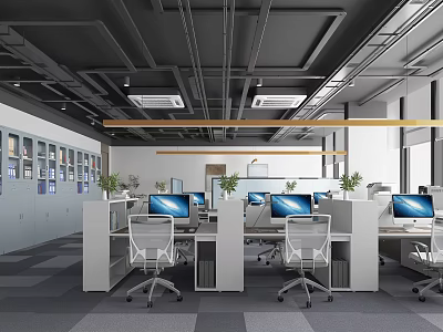 Public Office Space with Modern Workstations Computers Ergonomic Chairs Green Plants and Lockers 3d model