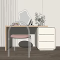 Modern Wooden Dressing Table With Irregular Decorative Mirror Transparent Acrylic Chair Pink Cushion And Vase