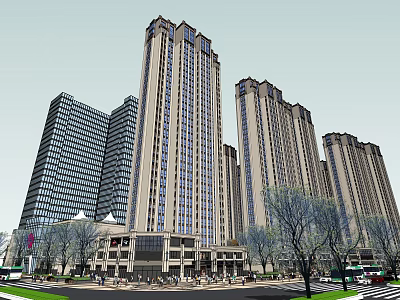 Modern High Rise Buildings With Glass Curtain Walls In Urban Landscape Street Trees And Pedestrians 3d model