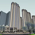 Modern High Rise Buildings With Glass Curtain Walls In Urban Landscape Street Trees And Pedestrians