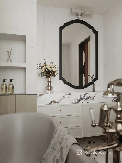Modern Bathroom Interior With White Walls Black Framed Mirror Marble Countertop And Vase With Flowers 3d model 