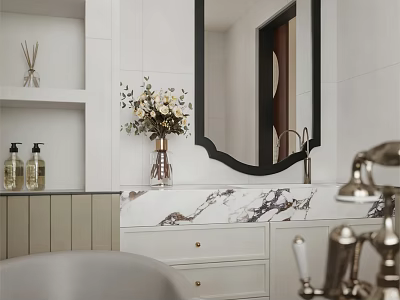 Modern Bathroom Interior With White Walls Black Framed Mirror Marble Countertop And Vase With Flowers 3d model