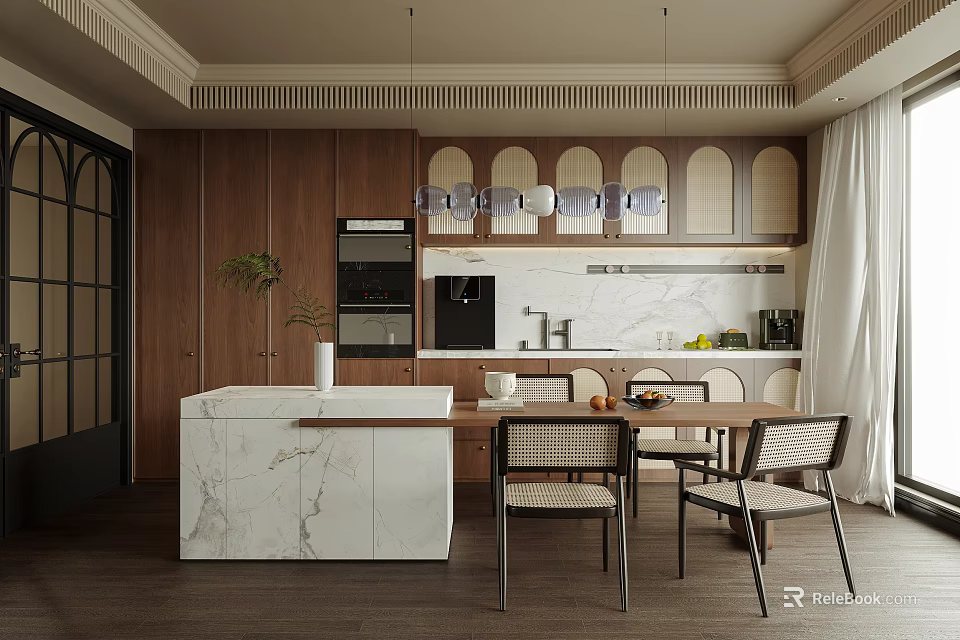 Modern Open Restaurant Interior Design With Dining Table Chairs And Pendant Lights 3d model