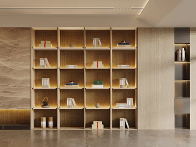 Modern Wooden Display Cabinet With Multiple Shelves Books And Decorative Ornaments 3d model