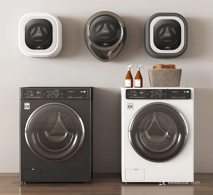 Modern Black And White Washing Machines With Wall Appliances And Laundry Supplies 3d model 
