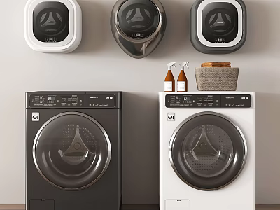 Modern Black And White Washing Machines With Wall Appliances And Laundry Supplies 3d model