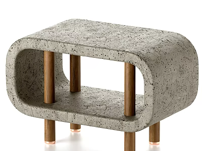 Modern Minimalist Concrete Bedside Table With Open Shelf Textured Surface And Wooden Legs Brass Bases 3d model
